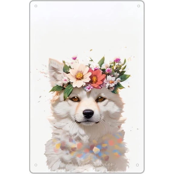 Fox Metal Sign, Woodland Animal Wildlife Tin Sign, Fox Posters for Wall for Girls, Fox Art for Bedroom, Fox Bathroom Wall Art, Fox with Floral Crown Metal Sign 12x16 Inches