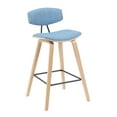 thumbnail image 1 of Fox Modern Swivel Bar Height Stool with Light Blue Upholstered Seat and Patterned Oak Wood Frame, 1 of 5
