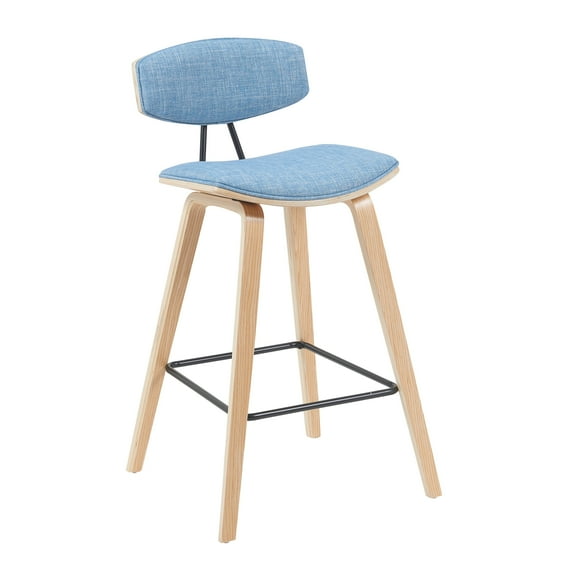 Fox Modern Swivel Bar Height Stool with Light Blue Upholstered Seat and Patterned Oak Wood Frame