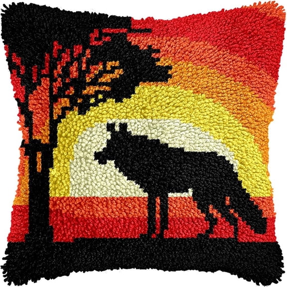 Fox under Moon Latch Hook Pillow Kits DIY Pillowcase Crochet Hook Cushion Making Kits with Preprinted Pattern Canvas Instruction Yarns Pillow Cover Easy Starter DIY Kits 43x43cmk110)