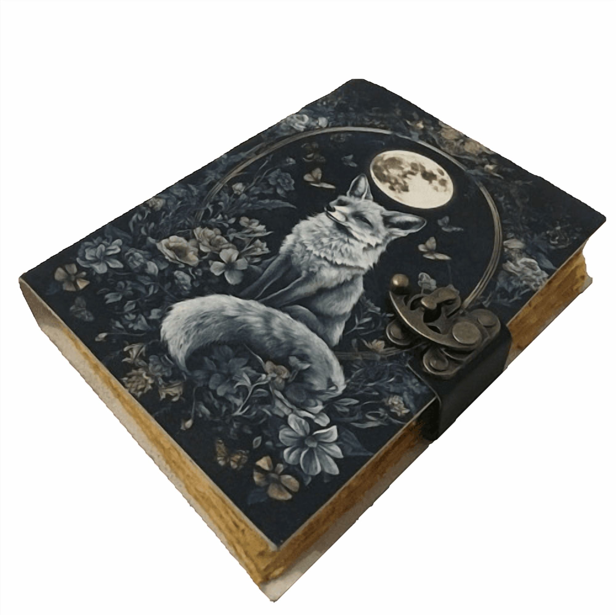 Fox & Moon Leather Journal, 5x7 Inch Handmade Notebook with Forest Artwork, 200 Vintage Handmade Paper Pages, Antique Locking Diary for Writing & Sketching