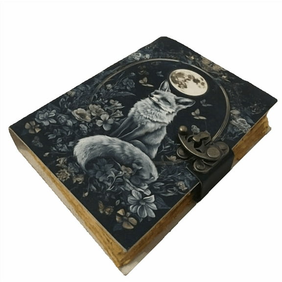 Fox & Moon Leather Journal, 5x7 Inch Handmade Notebook with Forest Artwork, 200 Vintage Handmade Paper Pages, Antique Locking Diary for Writing & Sketching