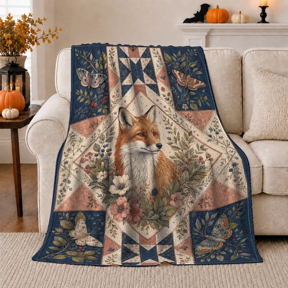 Fox Moth Patchwork Illustration, Cozy Woodland Scene, Warm Flannel Blanket for Cabin and Lodge with Detailed Artwork, Wildlife Lovers Housewarming Gift, Celestial Home Decor