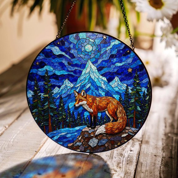 Fox Mountain Forest Glass Suncatcher, Window Hanging Nature Art, Wildlife Lover, 7.9 in