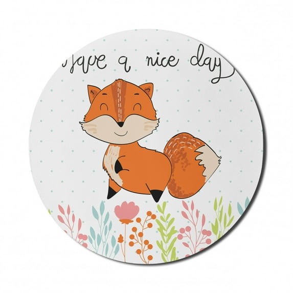 Fox Mouse Pad for Computers, Happy Animal Have a Nice Day Lettering on Polka Dots Colorful Herbs, Round Non-Slip Thick Rubber Modern Gaming Mousepad, 8" Round, Multicolor, by Ambesonne