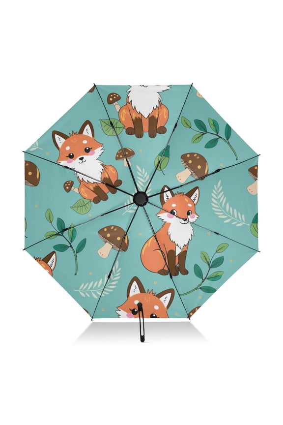 Fox Mushroom Pattern Umbrella Folding Sun Umbrella Travel Auto Open Close Large UV50+ 40in