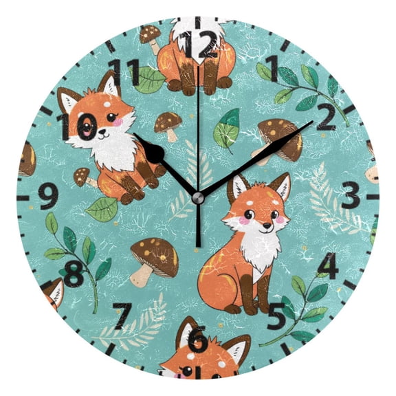 Fox Mushroom Pattern Wall Clock 10in Round Artistic Oil Painting Home Decor Desk Table Clock