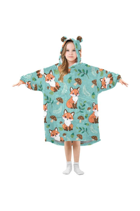 Fox Mushroom Pattern Wearable Blanket Hoodie Oversized Flannel Soft Warm Cozy 3-14 Age Small