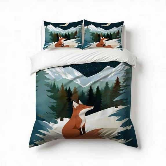 Fox Night Forest Moon Bedding Set 3 Pcs Soft Microfiber Quilt Cover For Bedroom Decor, Comforter Cover With 2 Pillowcase