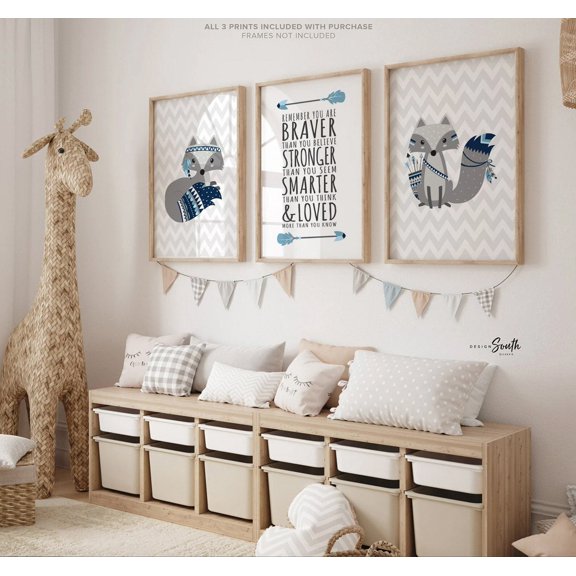 Fox Nursery Art Prints Tribal Woodland Animals Decor Set, Stretched Canvas