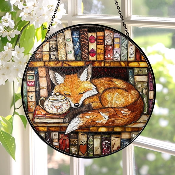 Fox On Book Fantasy Stained Glass Suncatcher Bookish Reader Window Hanging Club Gift
