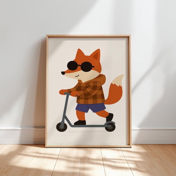 Fox On Scooter Poster: Nursery Wall Art, Unframed Canvas Size 24x36