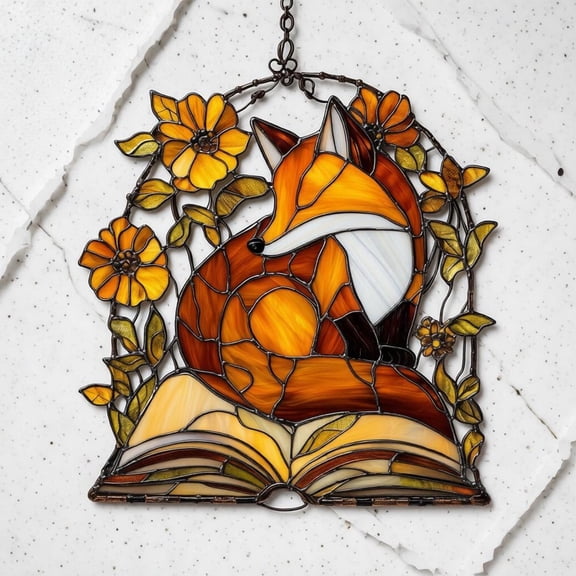 Fox Open Book Acrylic Suncatcher Window Hanging Whimsical Library Wall Art Forest Animal Reading Decor Gift