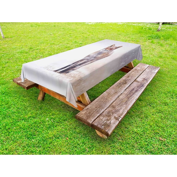 Fox Outdoor Tablecloth, Red Fox in Rural Environment Field Covered with Snow Stormy Freezing Weather Image, Decorative Washable Fabric Picnic Tablecloth, 58 X 104 Inches, Brown White, by Ambesonne