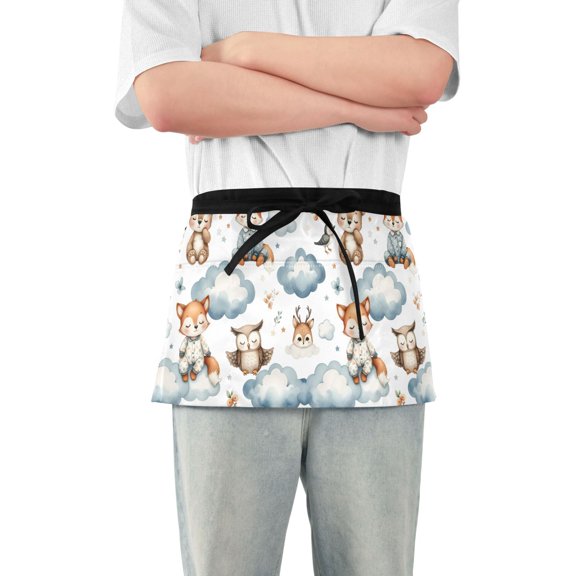 Fox Owl Bird Cloud Server Apron with 3 Pockets Waterproof Waitress Waist Short Apron for Man Woman 12 Inches