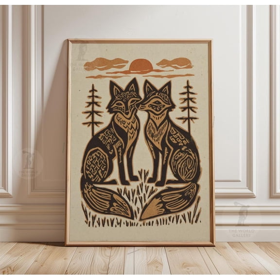 Fox Pair Woodland Poster Linocut Style Rustic Animal Wall Art Decor, Unframed Poster