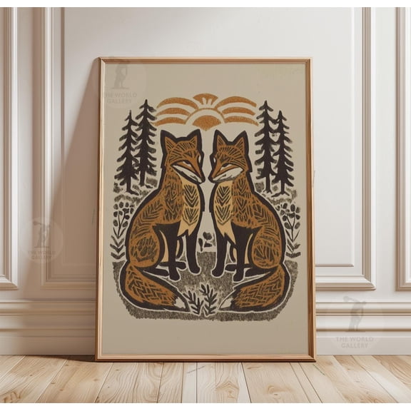 Fox Pair Woodland Poster, Linocut Style, Rustic Animal Wall Art, Poster Only