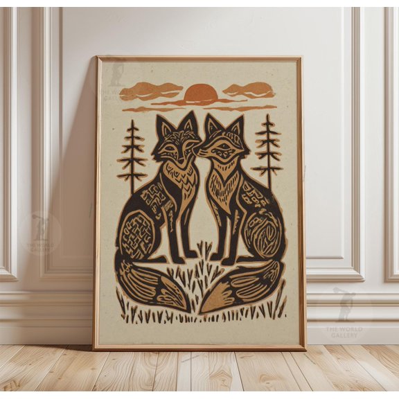 Fox Pair Woodland Poster, Linocut Style, Rustic Animal Wall Art, Poster Only