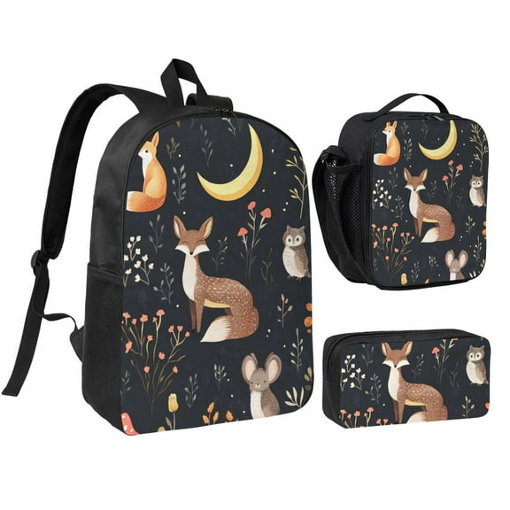 Fox Pattern Backpack 17 Inch Set with Lunch Bag and CaseDurableTravel Bag Combo for Work Commuting Daily Use