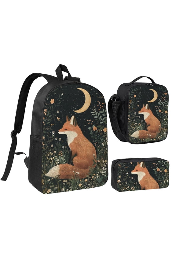 Fox Pattern Backpack 17 Inch Set with Lunch Bag and CaseDurableTravel Bag Combo for Work Commuting Daily Use