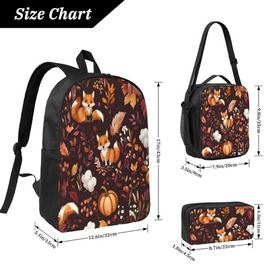 Fox Pattern Backpack 17 Inch Set with Lunch Bag and CaseDurableTravel Bag Combo for Work Commuting Daily Use