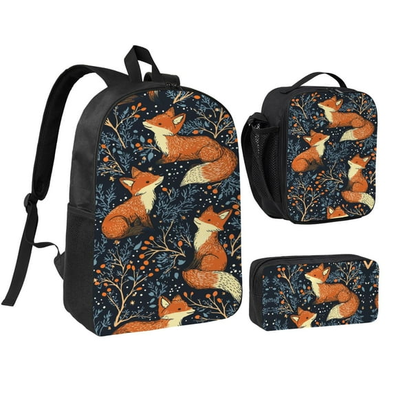 Fox Pattern Backpack 17 Inch Set with Lunch Bag and CaseDurableTravel Bag Combo for Work Commuting Daily Use