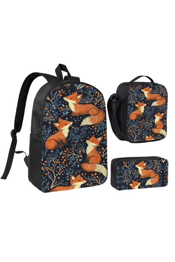 Fox Pattern Backpack 17 Inch Set with Lunch Bag and CaseDurableTravel Bag Combo for Work Commuting Daily Use