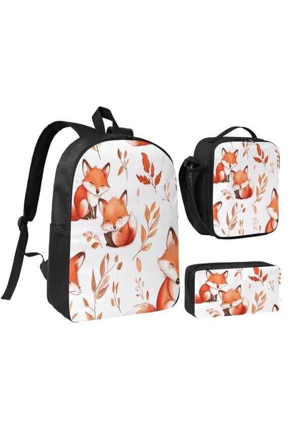 Fox Pattern Backpack 17 Inch Set with Lunch Bag and CaseDurableTravel Bag Combo for Work Commuting Daily Use