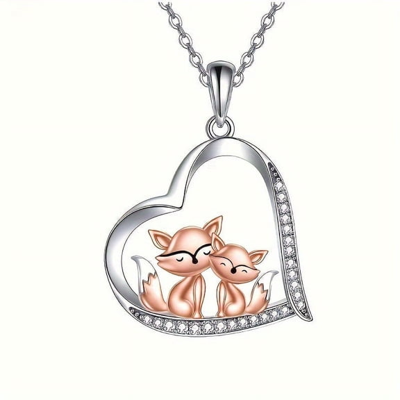 Fox Pendant Necklace Love Heart shape with Rhinestone Lovely Fox Animal Necklace for Women Jewelry