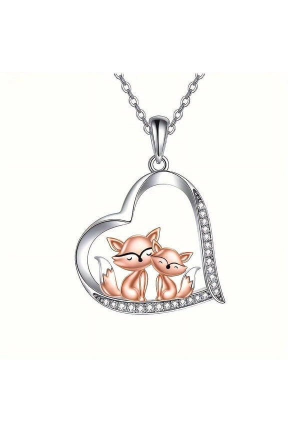 Fox Pendant Necklace Love Heart shape with Rhinestone Lovely Fox Animal Necklace for Women Jewelry