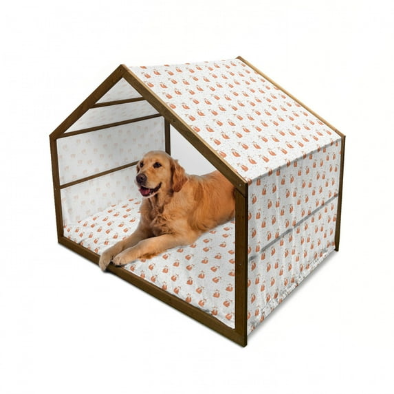 Fox Pet House, Hand Drawn Foxes on Abstract Background with Colorful Dots and Swirls, Outdoor & Indoor Portable Dog Kennel with Pillow and Cover, 5 Sizes, Orange Seafoam Black, by Ambesonne