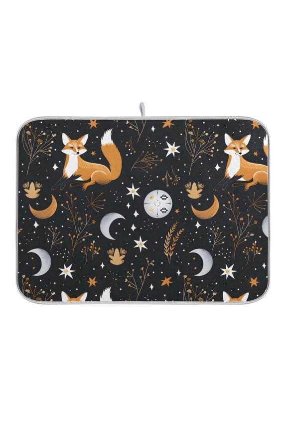 Fox Plants Stars Moons Dish Drying Mat 16x18 Absorbent Microfiber Draining Rack Pad for Kitchen Counter Sink