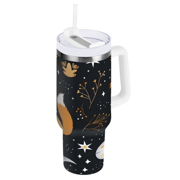 Fox Plants Stars Moons Tumbler with Handle and Straw Lid 30 oz Insulated Vacuum Water Bottle Stainless Steel Travel Cup