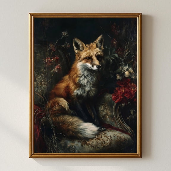 Fox Portrait, Baroque Animal Wall Art, Vintage Fine Art , Dark Botanical Decor, Regal Woodland Gallery Print Home Decor #931, Unframed Canvas Size 8x12