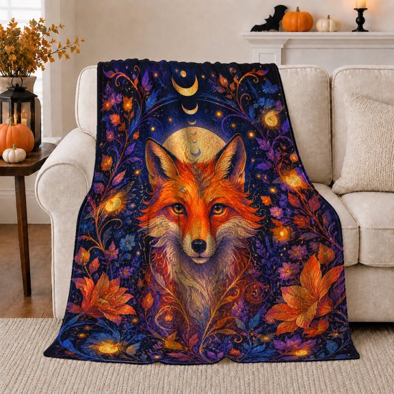 Fox Portrait under Crescent Moons and Lanterns, Mystical Folk Art Style for Fox Lovers, Autumn Night Wildlife Motif and Birthday Gift, Cozy Flannel Blanket for Cabin and Bedroom, Home Decor