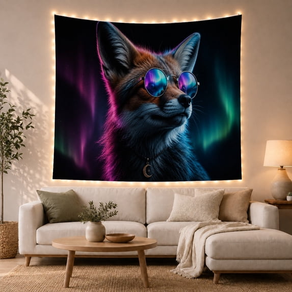 Fox Portrait With Galaxy Sunglasses Playful Retro Illustration for Wildlife Lovers Neon Wall Decor Birthday Gift Tapestry Wall Hanging for Bedroom and Gaming Room