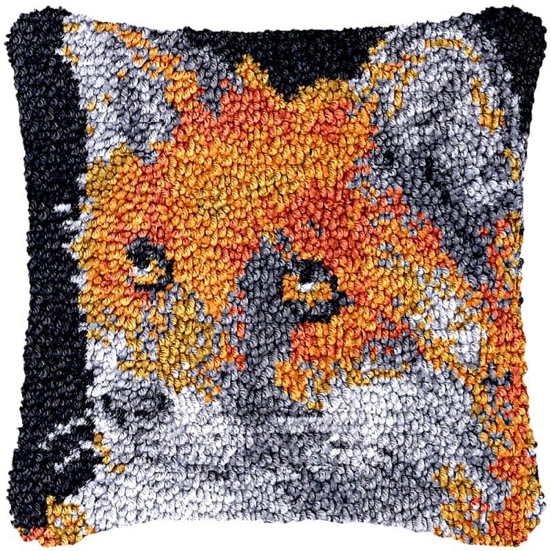 Fox Portrait Latch Hook Pillow Cover Kits for DIY Handmade Throw Pillow Cross Stitch Latch Hook Pillowcase Rug Kits with Preprinted Color Pattern Canvas Crochet Yarn Kits 17''X 17''(ch103)
