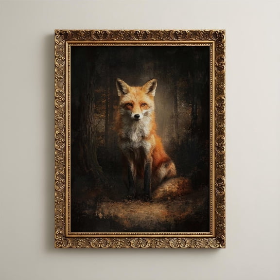 Fox Portrait Wall Art Print, Moody Dark Cottagecore Woodland Animal Decor