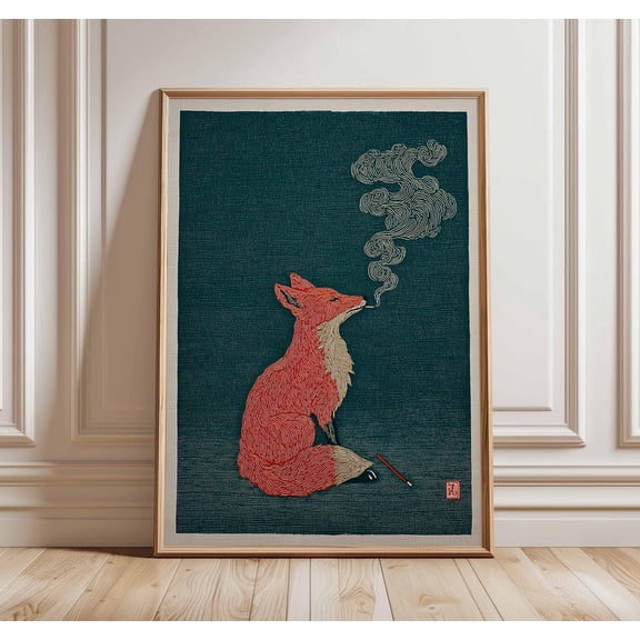 Fox Poster, Japanese Minimalist Animal Wall Art Print, Modern Zen Artwork, Quirky Wildlife Decor, Cool Fox Print, Poster Only