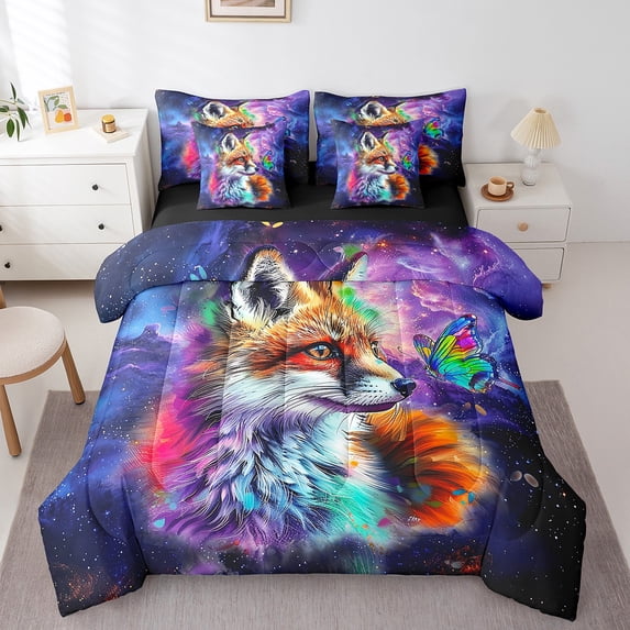 Fox Print Bedding Comforter Sets 7pcs Woodland Wildlife Bed in a Bag Cartoon Animal Twin Bedding Sets Mystic Galaxy Nebula Comforter Set Rainbow Butterfly Bedding Sets & Collections