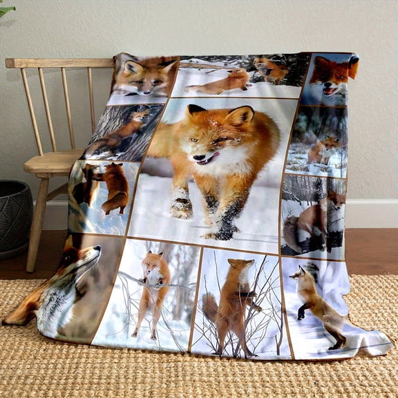 Fox Print Flannel Fleece Throw Blanket, Reversible, All-Season, Cartoon Contemporary Style, Digital Print, Polyester Cover, Home Office Nap Blanket