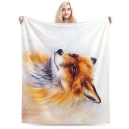 Fox Flannel Throw Blanket - Floral Moon Fox Design, 80 X 60 Inch Soft Warm Blanket For Couch, Bed, Kids