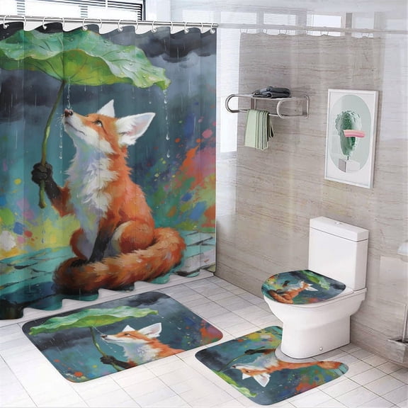 Fox Print Shower Curtain 4-Set Animal Style Pattern Bathroom Decor, Includes Bath Mat, Toilet Cover Mats, U-Shaped Mat And Shower Curtains 72inX72in