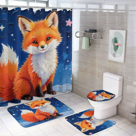 Fox Print Shower Curtain Set 4-Set Jungle Animal Theme Bathroom Decor Set Includes Floor Mat ,Toilet Cover Mat ,U-Mat ,Shower Curtain with 12 Hooks,72inx72in