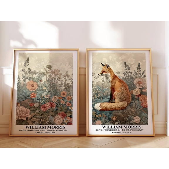 Fox Prints, Set of 2 William Morris Split Prints, Fox Wall Art, Aesthetic Wall Art, Vintage Poster, Botanical Print, Wall Art Gift For Her