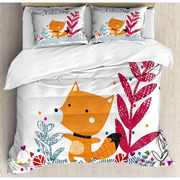 Fox Queen Size Duvet Cover Set, Cute Little Fox Character Colorful Geometric Spring Field Have a Nice Day Text Dots, Decorative 3 Piece Bedding Set with 2 Pillow Shams, Multicolor, by Ambesonne
