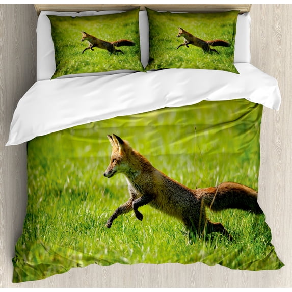 Fox Queen Size Duvet Cover Set, Red Fox Jumping Running in Fresh Green Grass Daytime Nimble Clever Ferocious Canine, Decorative 3 Piece Bedding Set with 2 Pillow Shams, Green Brown, by Ambesonne