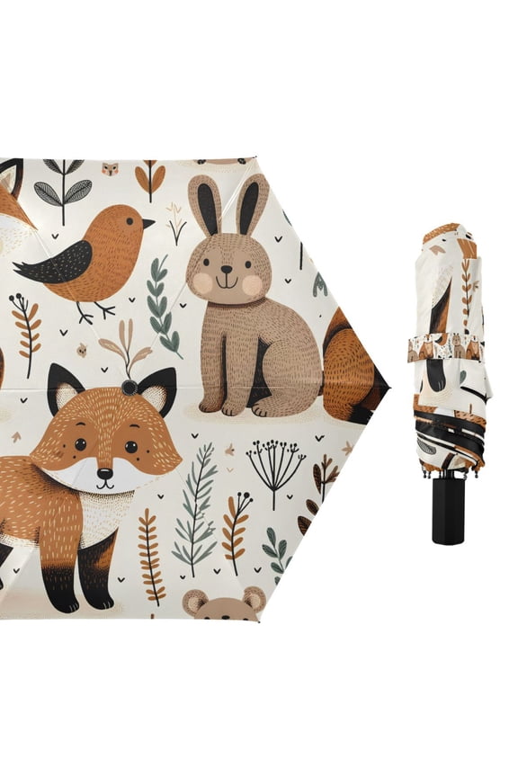 Fox Rabbit Bird Plant Compact Sun Umbrella Windproof Travel Umbrellas for Rain Strong Portable UV Protection