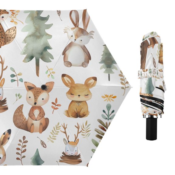 Fox Rabbit Deer Leaf Trees Compact Sun Umbrella Windproof Travel Umbrellas for Rain Strong Portable UV Protection