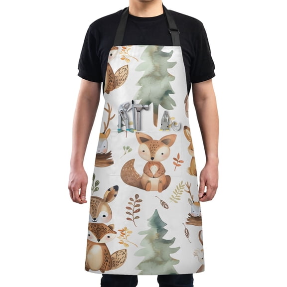Fox Rabbit Deer Leaf Trees Kitchen Apron with 2 Pockets Adjustable waterproof Cooking Aprons for Women Men Chef